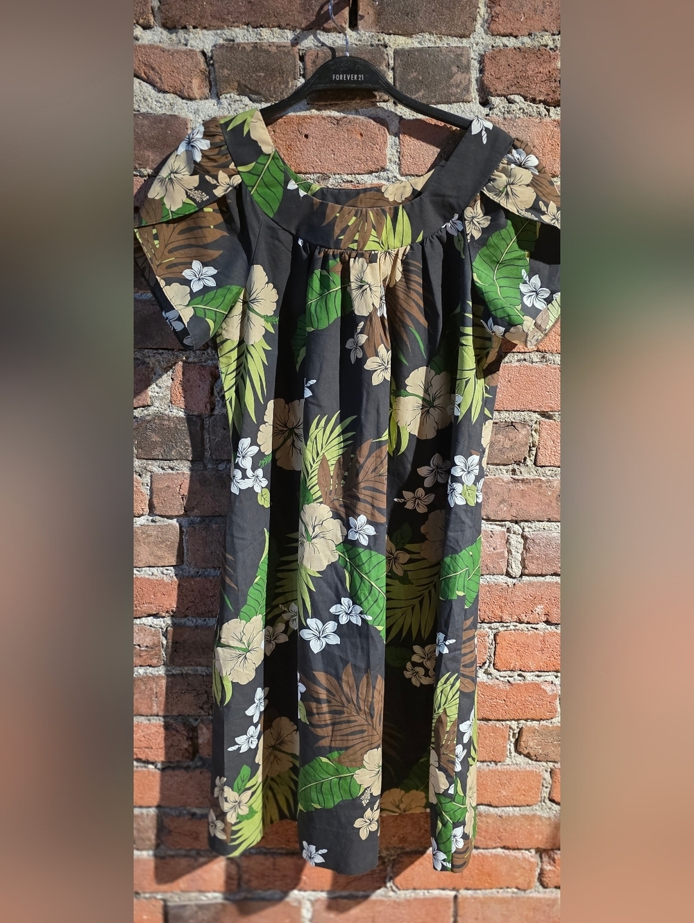 Authenic Hawaiian Black Tropical Floral Maxi Dress with Green & Beige Print